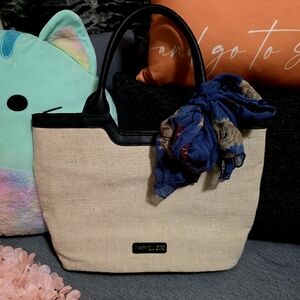 Rachel Zoe Beige and Black Tweed Tote with Blue Twill Accent